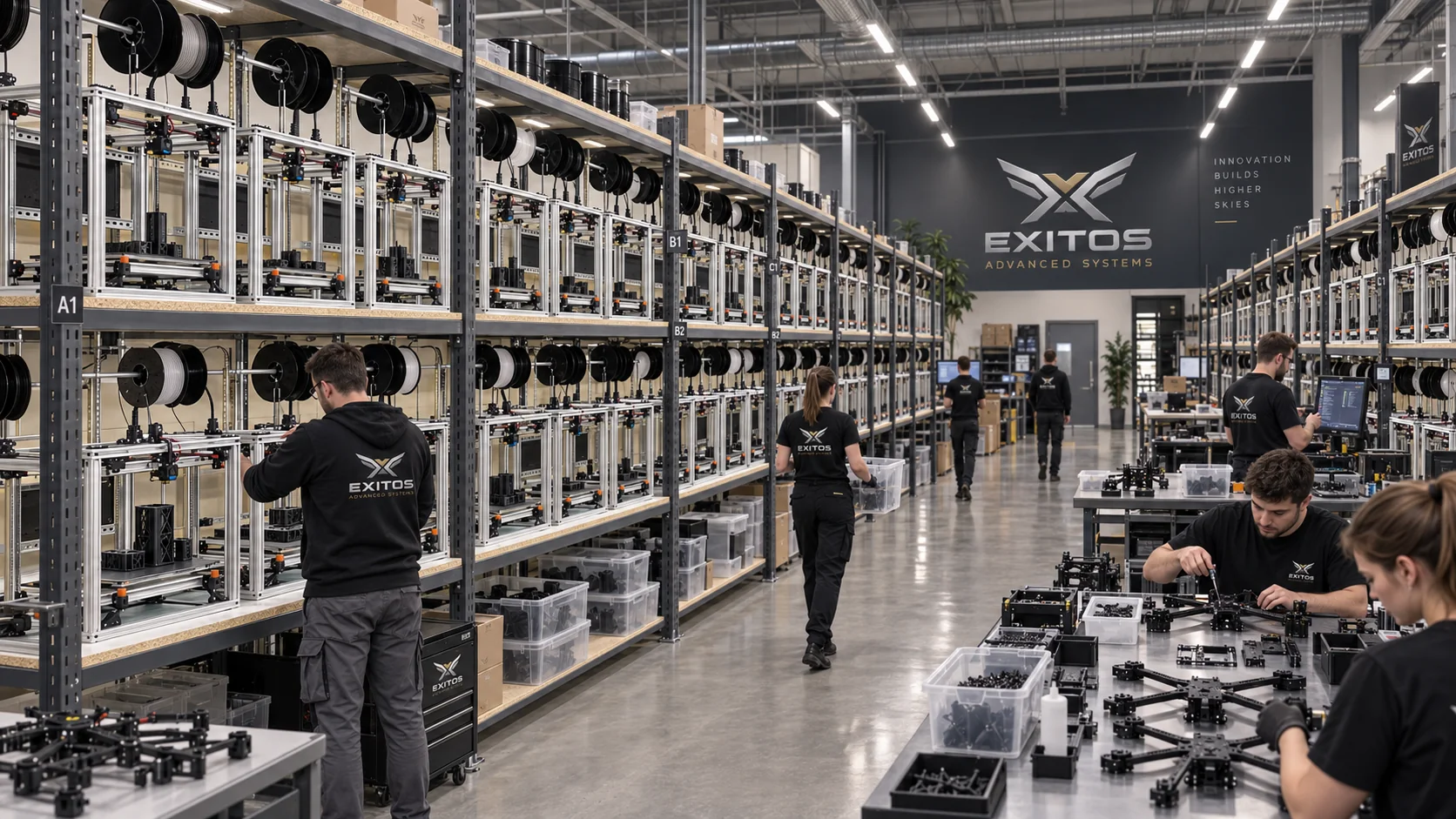 Wizualizacja hali produkcyjnej EXITOS z rzędami drukarek 3D i zespołem przy pracy